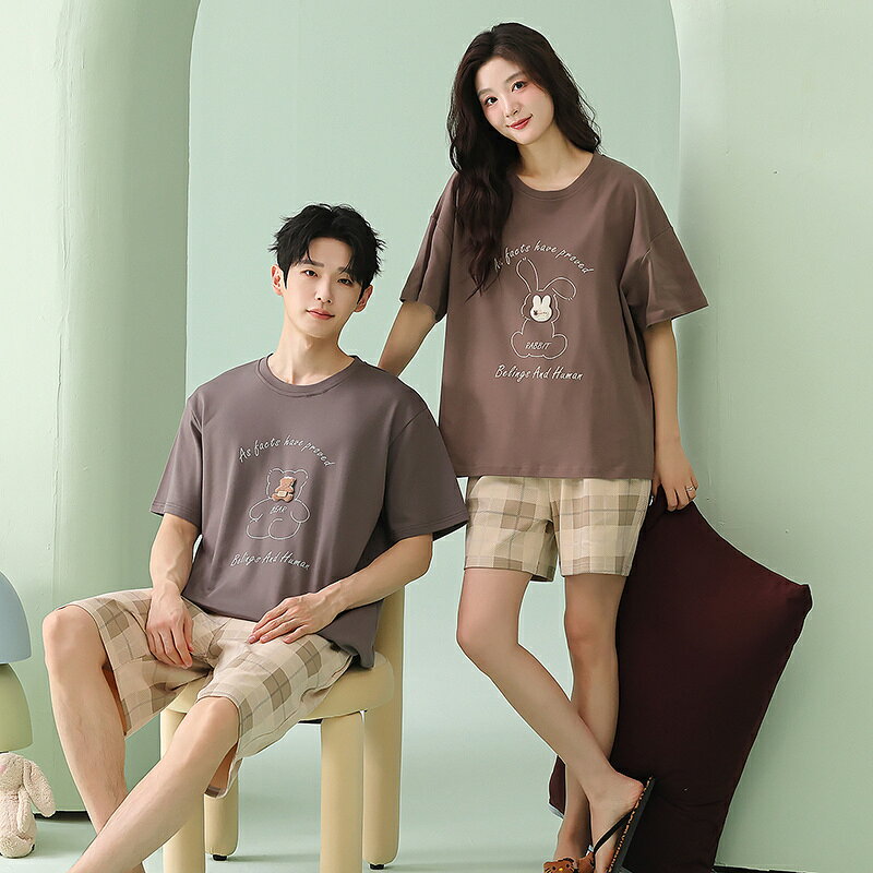 Rakuten - ペア パジャマ 半袖 夏 綿100% 男女2着 セット うさぎ クマ チェック 高級 カップル ルームウェア 春夏 ペアパジャマ 結婚祝い プレゼント お祝い おもしろ 夫婦 ギフト 上下セット レディース 部屋着 メンズ