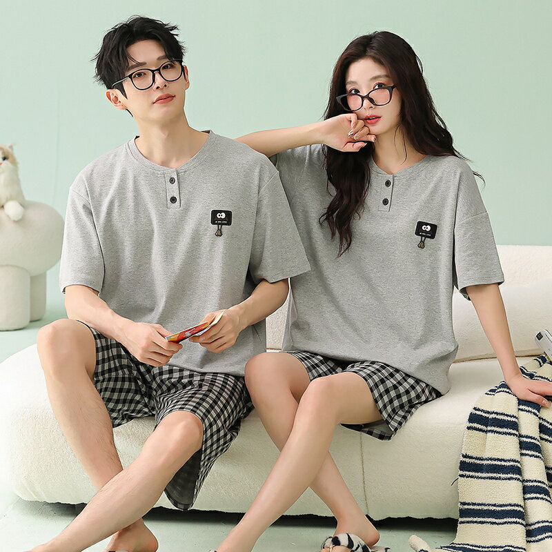 Rakuten - ペア パジャマ 半袖 夏 綿100% 男女2着 セット シンプル チェック 高級 カップル ルームウェア 春夏 ペアパジャマ 結婚祝い プレゼント お祝い おもしろ 夫婦 ギフト 上下セット レディース 部屋着 メンズ