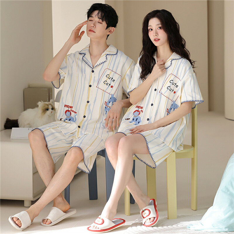 Rakuten - ペア パジャマ 半袖 夏 綿100% 男女2着 セット ストライプ 猫 可愛い 高級 カップル ルームウェア 春夏 ペアパジャマ 結婚祝い プレゼント お祝い おもしろ 夫婦 ギフト 上下セット レディース 部屋着 メンズ
