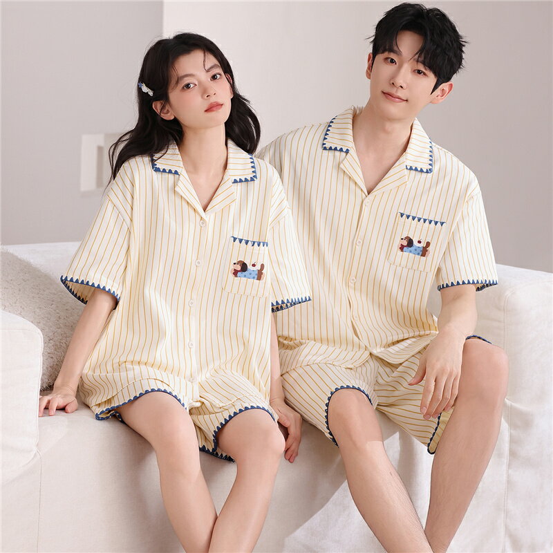 Rakuten - ペア パジャマ 半袖 夏 綿100% 男女2着 セット ストライプ 犬 カジュアル 高級 カップル ルームウェア 春夏 ペアパジャマ 結婚祝い プレゼント お祝い おもしろ 夫婦 ギフト 上下セット レディース 部屋着 メンズ