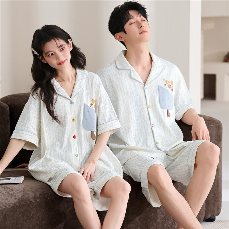 乐天商城 - ペア パジャマ 半袖 夏 綿100% 男女2着 セット 可愛い カジュアル 柔らかい 高級 カップル ルームウェア 春夏 ペアパジャマ 結婚祝い プレゼント お祝い おもしろ 夫婦 ギフト 上下セット レディース 部屋着 メンズ