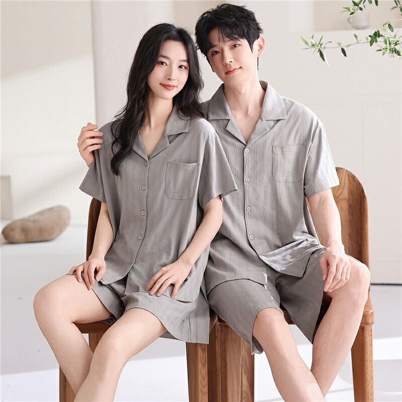 乐天商城 - ペア パジャマ 半袖 夏 綿100% 男女2着 セット ストライプ 高級 カジュアル カップル ルームウェア 春夏 ペアパジャマ 結婚祝い プレゼント お祝い おもしろ 夫婦 ギフト 上下セット レディース 部屋着 メンズ