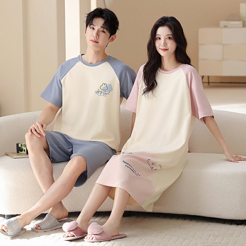 乐天商城 - ペア パジャマ 半袖 夏 綿100% 男女2着 セット パッチワークスタイル うさぎ 可愛い アニメ uネック カップル 男女 ネグリジェ ジャンスカ 通気性 ルームウェア 高級 春夏 ペアパジャマ 結婚祝い プレゼント お祝い おもしろ 夫婦 ギフト 上下セット レディース 部屋着