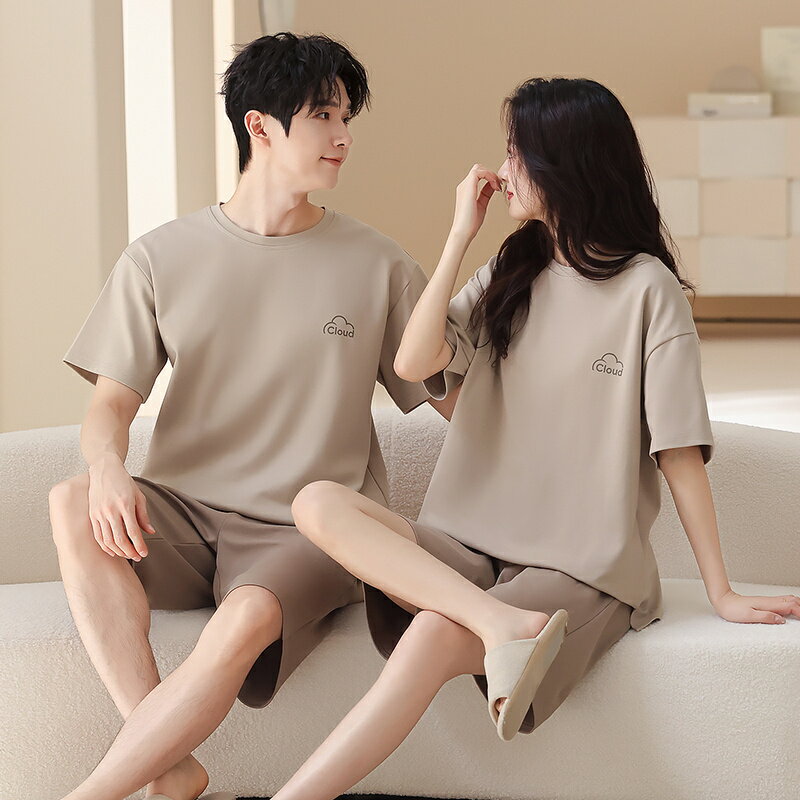 乐天商城 - ペア パジャマ 半袖 夏 綿100% 男女2着 セット シンプル 無地 高級 uネック カップル 男女 ジャンスカ 薄手 ルームウェア 春夏 ペアパジャマ 結婚祝い プレゼント お祝い おもしろ 夫婦 ギフト 上下セット レディース 部屋着 メンズ