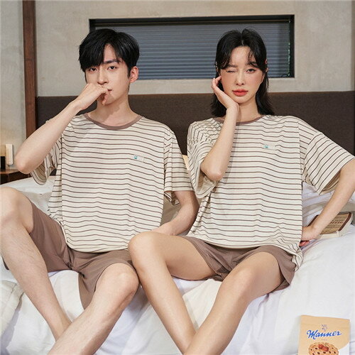ペア パジャマ 半袖 夏 ベージュ ボーダー メンズ ルームウェア 外出 レディース ペアパジャマ ギフト おしゃれ カップル ペア 春夏 結婚祝い プレゼント ペアパジャマ スウェット 上下セット 部屋着 パジャマ カップル お揃い プレゼント ペアルック カップル