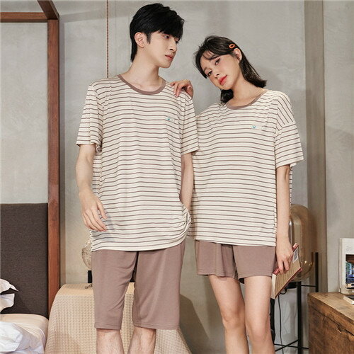 ペア パジャマ 半袖 夏 ベージュ ボーダー メンズ ルームウェア 外出 レディース ペアパジャマ ギフト おしゃれ カップル ペア 春夏 結婚祝い プレゼント ペアパジャマ スウェット 上下セット 部屋着 パジャマ カップル お揃い プレゼント ペアルック カップル