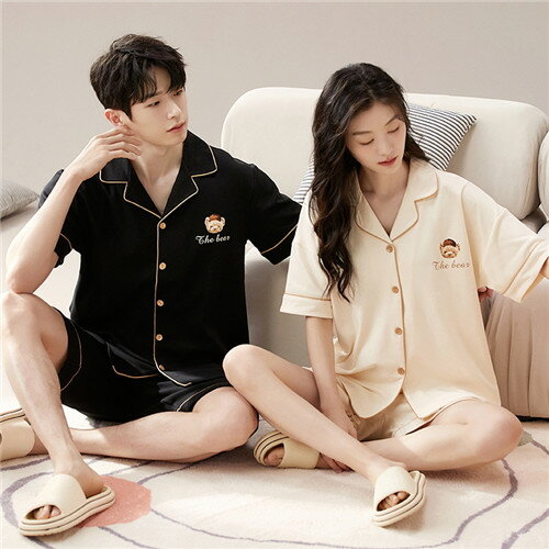 ペア パジャマ 半袖 夏 男女2着 セット メンズ ルームウェア パジャマ 前開き 春夏 レディース 綿 ペアパジャマ ギフト おしゃれ カップル ペア 結婚祝い プレゼント スウェット 上下セット 部屋着 パジャマ カップル お揃い プレゼント ペアルック クマ 前開き シンプル