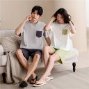 ペア パジャマ 半袖 夏 綿100% 男女2着 セット セットアップ ストライプ 綿 パッド付き 半袖トップス ショートパンツ 高級 カップル ルームウェア 春...