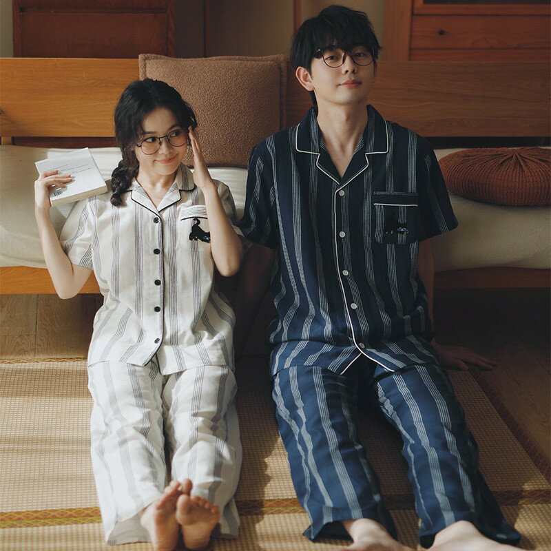 ペア パジャマ 半袖 夏 綿100% 男女2着 セット セットアップ 綿 ガーゼ(お肌に優しい) 半袖トップス ロングパンツ 高級 カップル ルームウェア 春夏 ペアパジャマ 結婚祝い プレゼント お祝い おもしろ 夫婦 ギフト 上下セット レディース 部屋着 メンズ