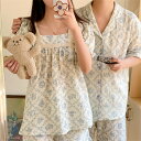 ペア パジャマ 半袖 夏 男女2着 セット 春 綿 セットアップ フレア 半袖トップス ショートパンツ 高級 カップル ルームウェア 春夏 ペアパジャマ 結婚祝...