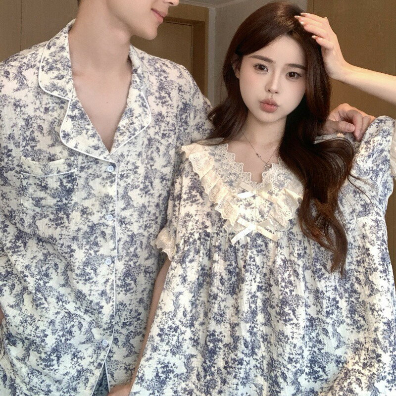 ペア パジャマ 半袖 夏 男女2着 セット 春 ソフト Vネック レース 韓国 高級 カップル ルームウェア 春夏 ペアパジャマ 結婚祝い プレゼント お祝い おもしろ 夫婦 ギフト 上下セット レディース 部屋着 メンズ