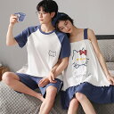 ペア パジャマ 半袖 夏 綿100% 男女2着 セット 猫 可愛い パッチワークスタイル キャミワンピ セットアップ ネグリジェ 綿 高級 カップル ルームウェ...