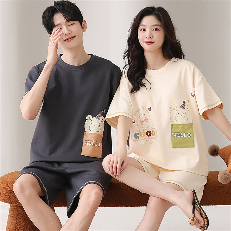 ペア パジャマ 半袖 夏 綿100% 男女2着 セット クマ 可愛い 韓国風 綿 パッド付き 半袖トップス ショートパンツ 高級 カップル ルームウェア 春夏 ペアパジャマ 結婚祝い プレゼント お祝い おもしろ 夫婦 ギフト 上下セット レディース 部屋着 メンズ