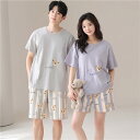 ペア パジャマ 半袖 夏 綿100% 男女2着 セット クマ ハート シンプル 爽やか セットアップ 春 秋 綿 パッド付き 高級 カップル ルームウェア 春夏...