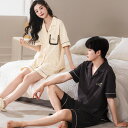 ペア パジャマ 半袖 夏 綿100% 男女2着 セット シンプル 高級 柔らかい 綿 エレガント 前開き 半袖トップス ショートパンツ カップル ルームウェア ...