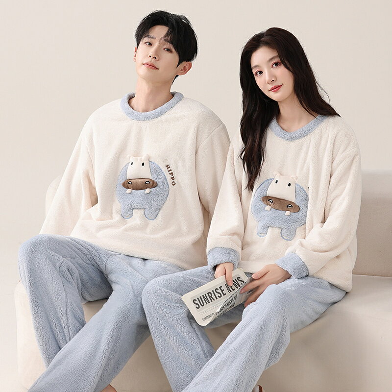 ペアパジャマ もこもこ 冬 男女2着 セット 厚手 防寒 裏起毛 アニメ セットアップ カップル パジャマ ..