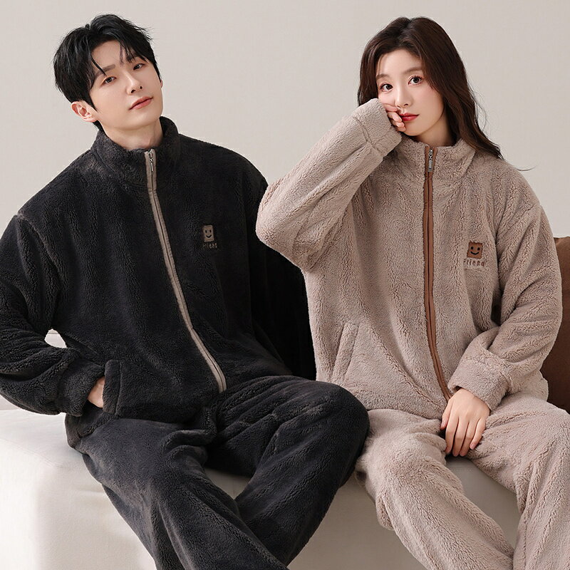ペアパジャマ もこもこ 冬 男女2着 セット 厚手 防寒 セットアップ カップル パジャマ ルームウェア フランネル スタンド襟 無地 ファッション おしゃれ ペア 長袖 前開き レディース 夫婦 メンズ 上下セット 秋 結婚祝い プレゼント お祝い お揃い ギフト 部屋着