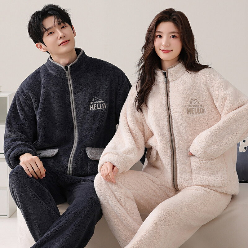 ペアパジャマ もこもこ 冬 男女2着 セット 厚手 防寒 セットアップ カップル パジャマ ルームウェア フランネル スタンド襟 ゆったり 柔らかい おしゃれ ペア 長袖 前開き レディース 夫婦 メンズ 上下セット 秋 結婚祝い プレゼント お祝い お揃い ギフト 部屋着