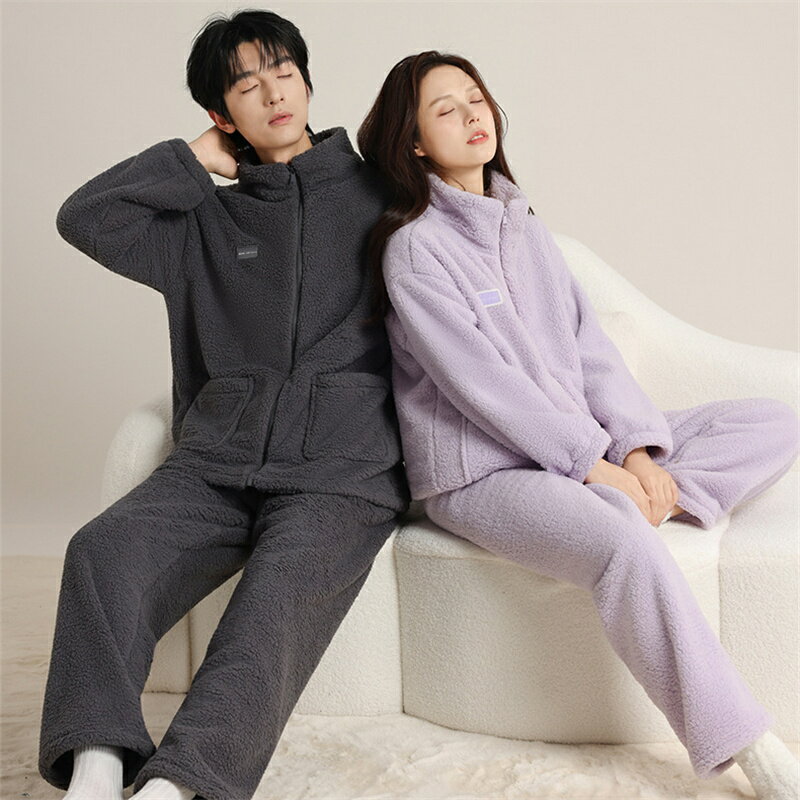 ペアパジャマ もこもこ 冬 厚手 カジュアル 防寒 裏起毛 カップル ジッパー パジャマ 秋冬 シンプル ルームウェア 無地 スタンド襟 韓国風 おしゃれ ペア 長袖 前開き レディース 夫婦 メンズ 上下セット 秋 結婚祝い プレゼント お祝い お揃い ギフト 記念日 部屋着