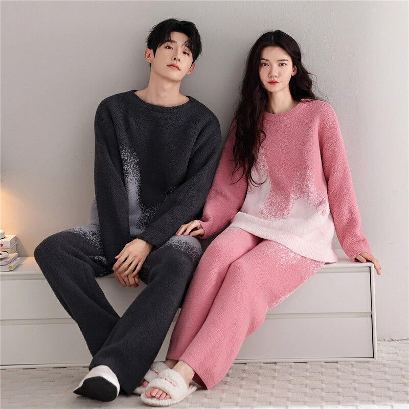 ペアパジャマ もこもこ 冬 男女2着 セット 厚手 ソフト 防寒 uネック カップル ストライプ セーター パ..