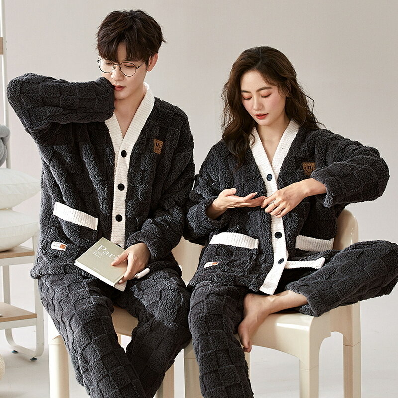 ペアパジャマ もこもこ 冬 男女2着 セット Vネック チェック 高級 厚手 防寒 冬 アニメ セットアップ ..