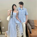 カップル ペア シャツ メンズ 半袖 レディース ワンピース ブランド キャミワンピ レトロ 夏 ウエスト 着痩せ ギンガムチェック 半袖 ワンピース ペアルッ...
