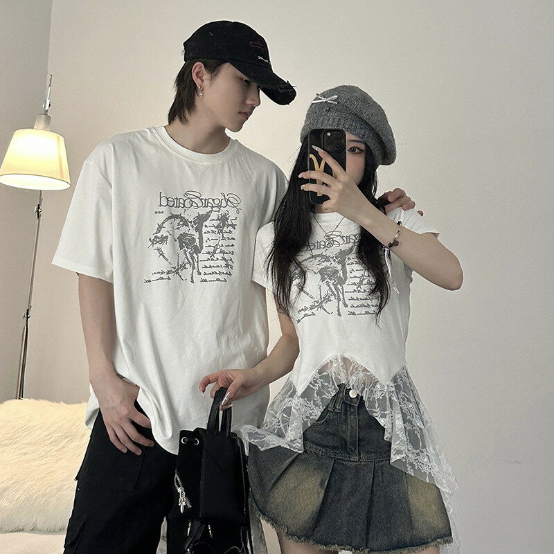 カップル ペア tシャツ ブランド シンプル カジュアル 夏 半袖 綿 レース デニムスカート ペアルック カップル 春夏 服 メンズ tシャツ 半袖 レディース ペアルック tシャツ 可愛い カップル お揃い プレゼント 夫婦 tシャツ おもしろ カップル 友達 ギフト 人気