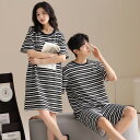 ペア パジャマ 半袖 夏 綿100% 男女2着 セット セットアップ ストライプ ワンピース 高級 カップル ルームウェア 春夏 ペアパジャマ 結婚祝い プレゼ...