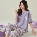 パジャマ レディース 夏用 ルームウェア 夏 シンプル カジュアル 夏 綿 コンフォート 高級 半袖トップス+ロングパンツ 春 かわいい コットン 上下セット ...