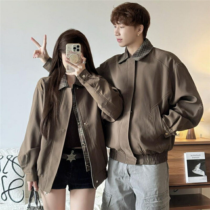 ペアルック ジャケット つなぎ チェック ブラウン 秋 アメカジ 野球 前開き 長袖 アウター 大きいサイ..