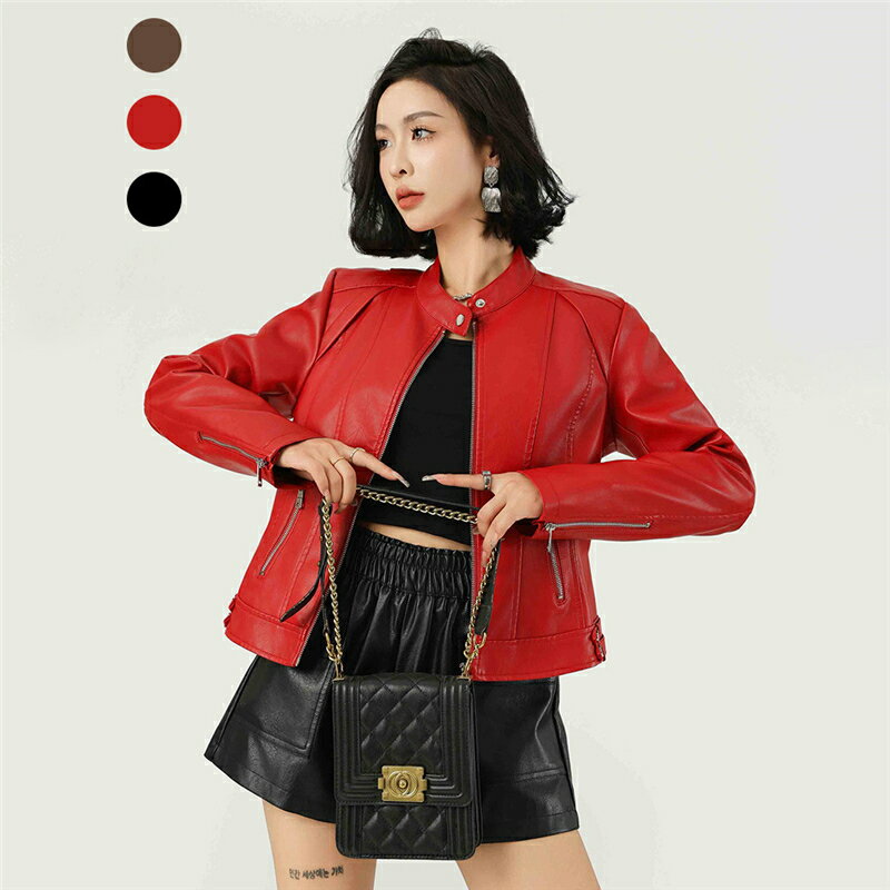 レザージャケット レディース PU ジャケット おしゃれ 春 秋 スタンド襟 赤 薄手 革ジャン 合成皮革 レザー ライダースジャケット ライダース 細身 カジュアル バイクジャケット 長袖 秋服 ブルゾン コート フェイクレザー ショート丈 アウター 合皮 コーデ