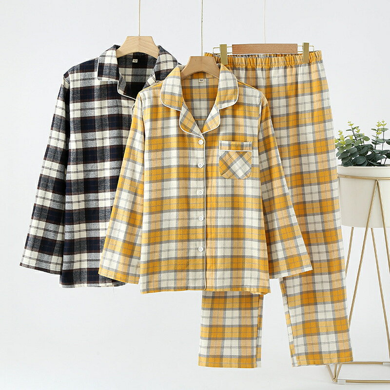 ペア パジャマ 長袖 綿100％ 厚手 セットアップ カップル 春 秋 ギンガムチェック 長袖トップス ルーム..