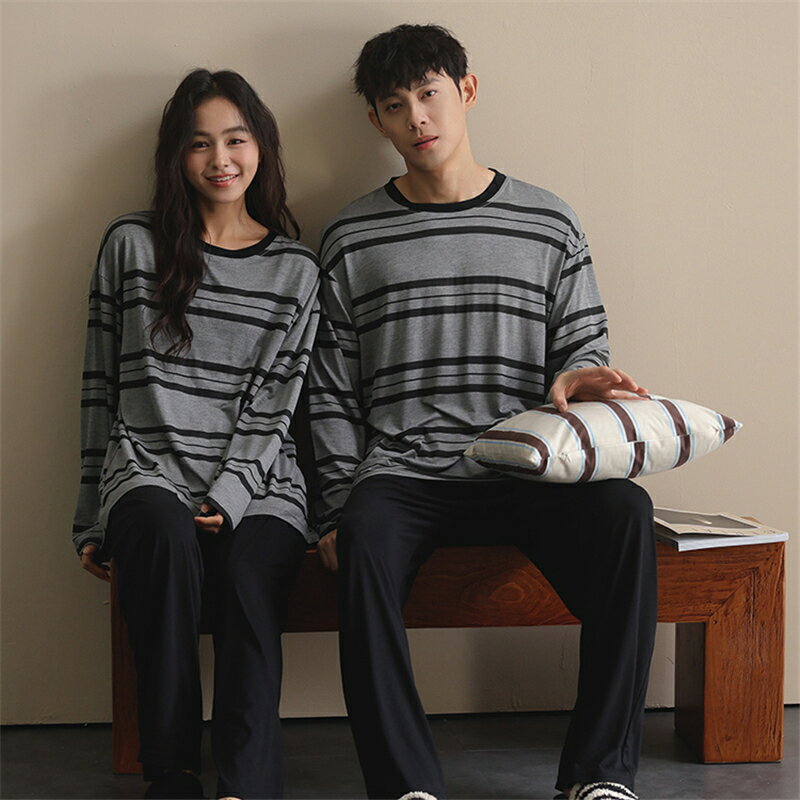 ペア パジャマ 長袖 男女2着 セット カップル 春 秋 ニット 長袖トップス? ストライプ ルームウェア クルーネック 綿 ポリエステル 冬 ペアパジャマ 結婚祝い プレゼント お祝い おもしろ 部屋着 春秋 夫婦 ギフト 上下セット レディース メンズ