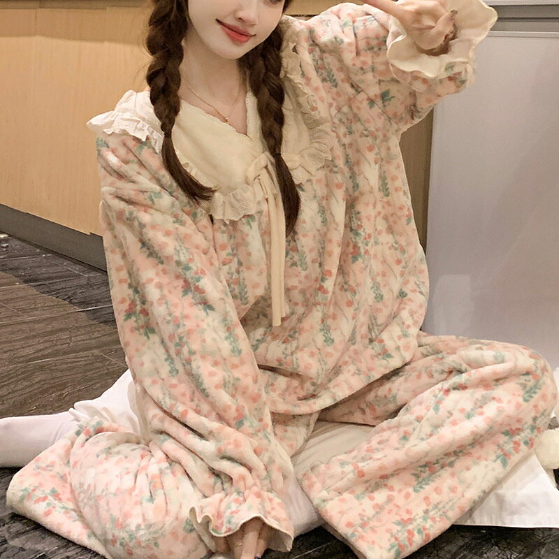 パジャマ レディース ルームウェア もこもこ あったか 厚手 防寒 姫系 冬 かわいい セットアップ 秋冬 フランネル 女性用 上下セット ふわふわ プルオーバー 部屋着 長袖 モコモコ 暖かい 大きいサイズ 着る毛布 ボア寝巻き