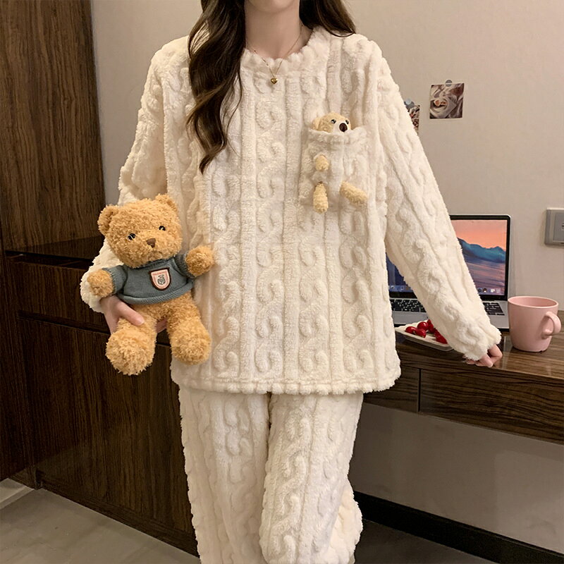 パジャマ レディース ルームウェア もこもこ あったか 厚手 防寒 冬 かわいい セットアップ 学生 クマ 春 秋 秋冬 フランネル 女性用 上下セット ふわふわ プルオーバー 部屋着 長袖 モコモコ 暖かい 大きいサイズ 着る毛布 ボア寝巻き
