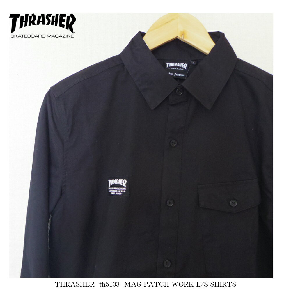 Mサイズ THRASHER 長袖シャツ MAGパッチワークシャツ ブラック 黒 スラッシャー MAG PATCH WORK L/S SHIRTS MサイズからXLサイズまで　バックプリント有 送料無料