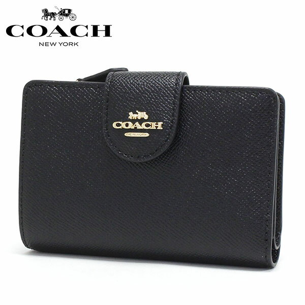 【スプリングセール開催中】コーチ 二つ折り財布 レディース COACH Wallet ラグジュアリー クロスグレーン レザー ミディアム コーナー ジップ ウォレット ブラック 6390 IMBLK 【送料無料♪】