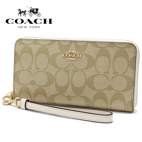 コーチ 長財布 レディース ストラップ付き COACH Wallet ロング ジップ アラウンド ウォレット ラグジュアリー シグネチャー ライトカーキ チョーク C4452 IMDQC 