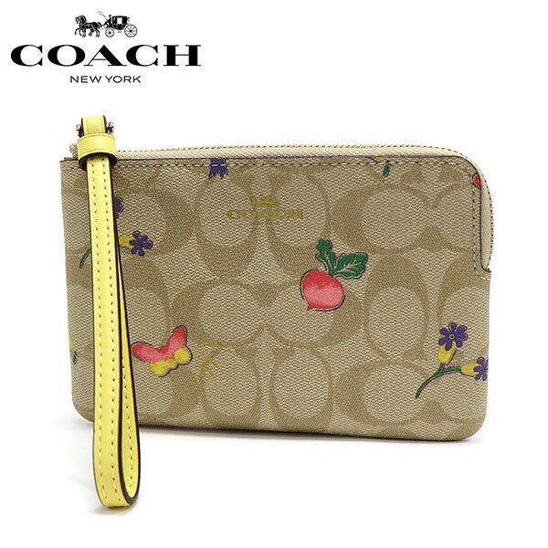 【お買い物マラソンセール開催中】コーチ ポーチ レディース COACH Pouch シグネチャー キャンバス ウィズ ドリーミー ベジー プリント コーナー ジップ リストレット ライトカーキ×レトロイエロー C8722 IMTVE 【送料無料♪】