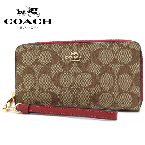 コーチ 長財布 レディース COACH Wallet ラグジュアリー シグネチャー ロング ジップ アラウンド ウォレット カーキ チェリー C4452 IMD0B 【送料無料♪】