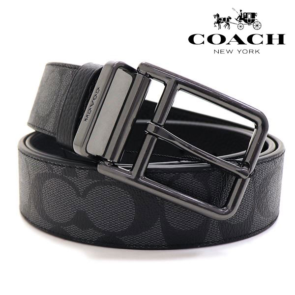 コーチ 【スーパーSALE開催中】コーチ ベルト メンズ COACH Belt リバーシブル仕様 ダブル バー バックル カット トゥ チャコール×ブラック CQ006 QBMI5 【送料無料♪】 ギフトラッピング無料