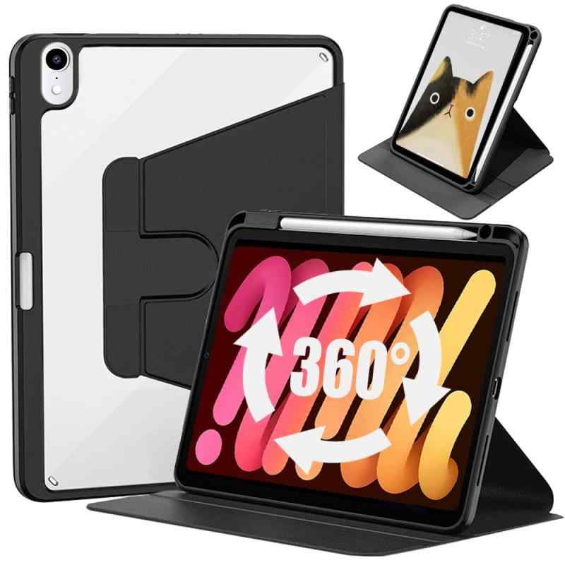 iPad ケース 360度回転スタンド 背面クリア 透明 カメラレンズ保護シート付き Apple Pencil 収納可能