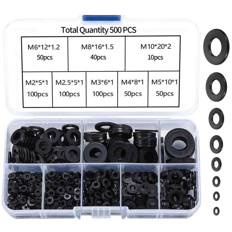 乐天商城 - ワッシャー ナイロンワッシャー 平ワッシャー 500枚入り 平ワッシャー M2~M10 (M2 M2.5 M3 M4 M5 M6 M8 M10) スペーサー ナイロン絶縁 防水 平ワッシャー 修理 便利ツール ブラック 収納箱付き