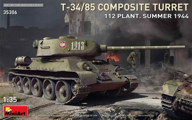 ミニアート(Miniart) 1/35 ソ連軍 T-34-85 Composite Turret. 第112工場製 1944年夏 プラモデル MA35306組み立て塗装が必要なプラモデル。別途、接着剤や工具、塗料等が必要。1/35スケール 未塗装プラスチック組み立てキットエッチングパーツ、デカール付属クリアパーツ付属ミニアート・MiniArt (ウクライナ)輸入プラモデル