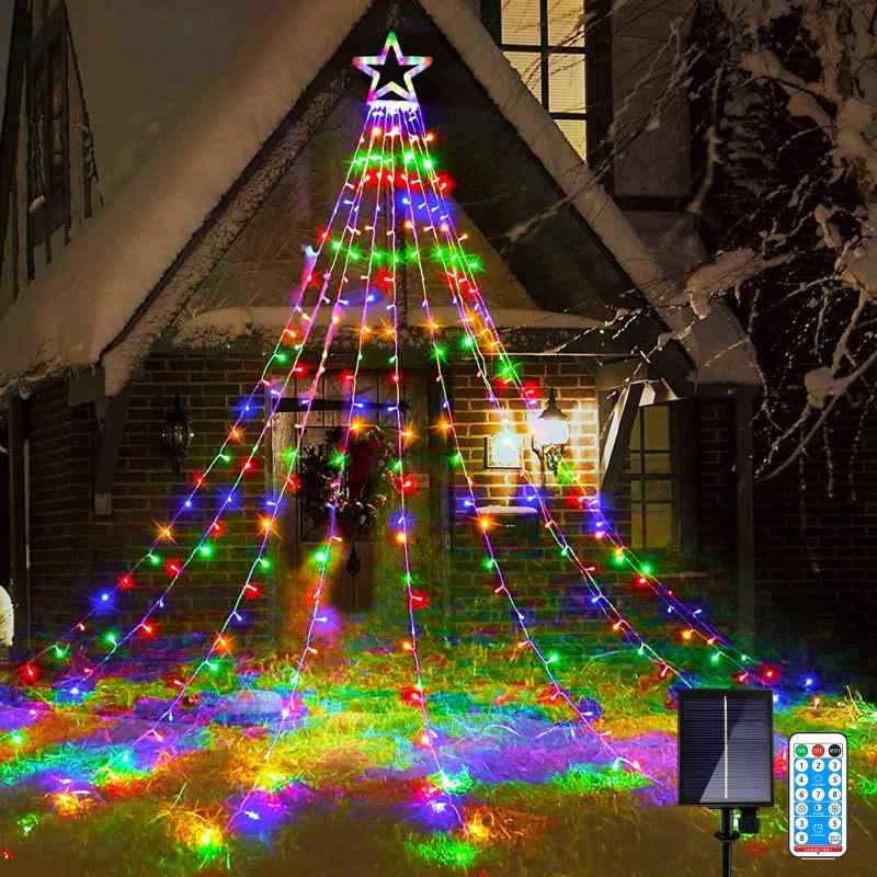 乐天商城 - RunElves クリスマス イルミネーション 屋外 ソーラー 防水 led クリスマス飾り ガーデンライト リモコン付き タイマー機能 自動点灯/消灯 星モチーフ 9本 350球 おしゃれ かわいい 電飾飾り 省