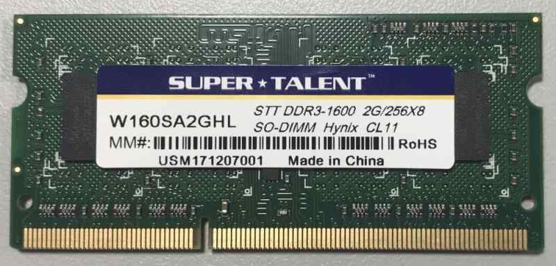 SuperTalent SKハイニックスチップ搭載 SO-DIMM DDR3L-1600 PC3L-12800S 2GB 低消費電力ノートPC用 メモリ W160SA2GHL バルク品