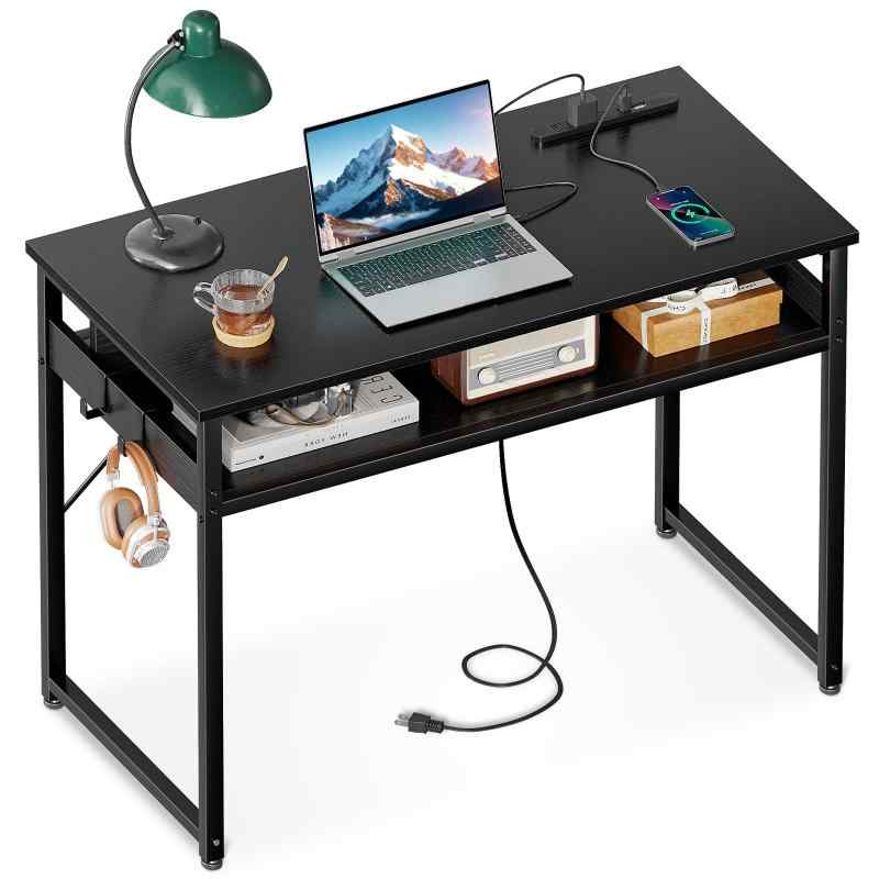 ODK 机 pcデスク パソコンデスク 幅80/100cm ゲーミングデスク 収納付き コンセント付き 勉強机 computer desk 桌子 ワークデスク 电脑桌 フック2個付き コンパクト テレワーク用 省スペース 組立簡 [2]