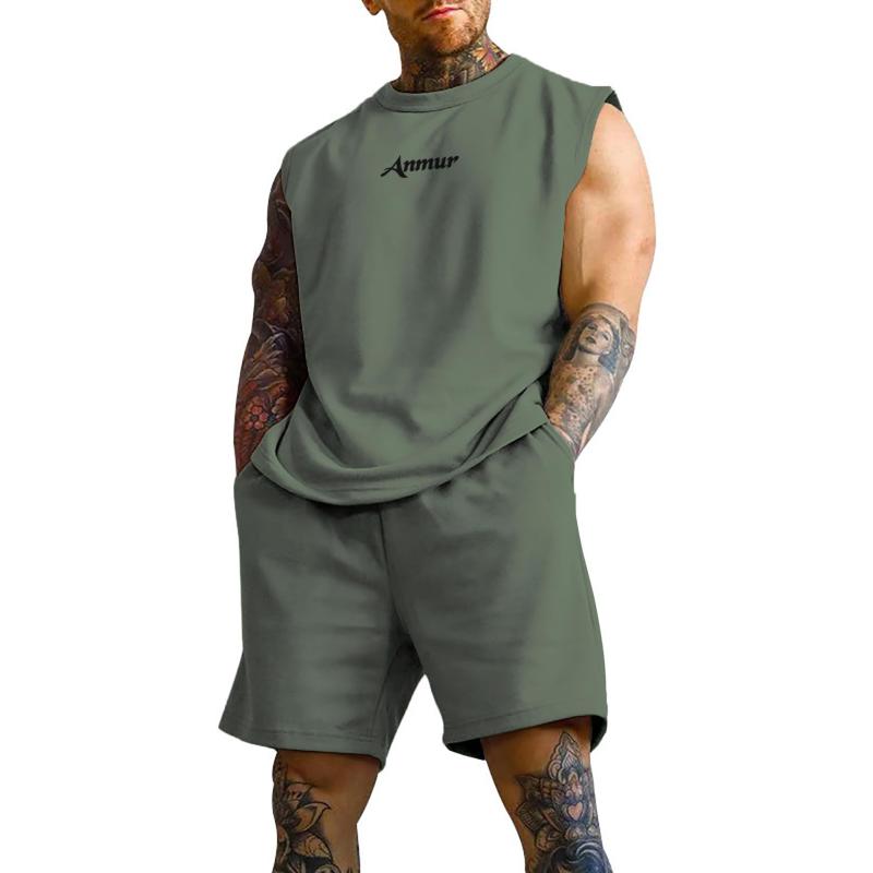 [Anmur] Men's Tracksuit Set - Summer Wear: Tank Top + Shorts, Running & Training, Comfortable, with Pockets, Adjustable Waistband, Solid Color, Breathable, Casual Training Sweatshirt Set