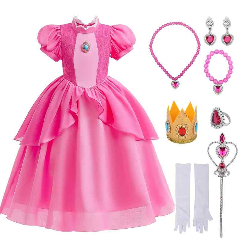 乐天商城 - [HTPARY] ピーチ姫 子供 コスプレ衣装 ハロウィーン・コスチューム ピーチ姫 ドレス アクセサリー クラウン イヤリング 手袋とネックレス、リング、ブレスレット 8点セット 普段着としてとて