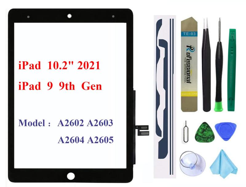 iPad 9 第9世代 2021 A2602 A2603 A2604 A2605 10.2 インチ交換用スクリーンデジタイザー交換 (LCDは含まれません)ホームボタンない + プリインストール接着剤 + ツールセット
